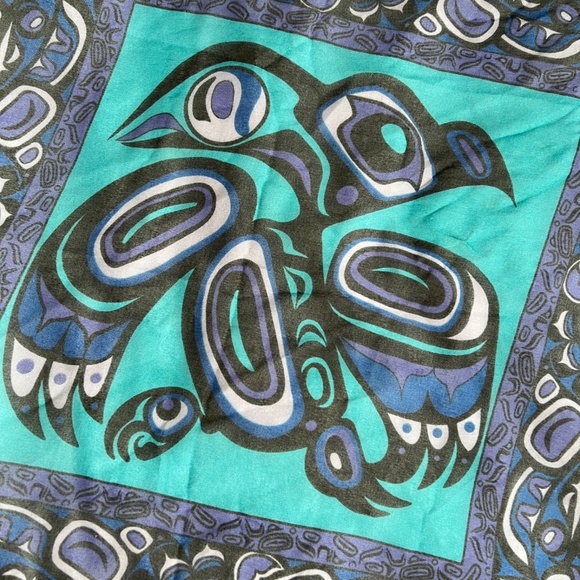 Vintage Jocelyne Wauge Scarf Pacific Northwest Canadian Indigenous Blue Bird 90s - Picture 2 of 4